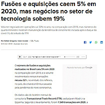 Fuses e aquisies caem 5% em 2020, mas negcios no setor de tecnologia sobem 19%